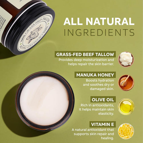 Nourishing Beef Tallow & Honey Balm - All-Natural Moisturizer for Face & Body - Hydrates & Revitalizes Skin - Grass Fed Whipped Balm with Raw Wild Honey (2Oz)
