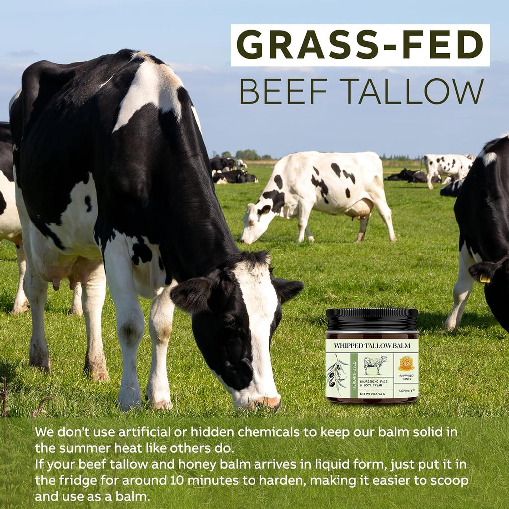 Nourishing Beef Tallow & Honey Balm - All-Natural Moisturizer for Face & Body - Hydrates & Revitalizes Skin - Grass Fed Whipped Balm with Raw Wild Honey (2Oz)