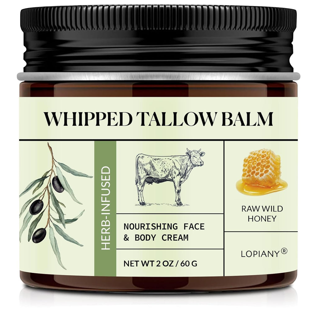 Nourishing Beef Tallow & Honey Balm - All-Natural Moisturizer for Face & Body - Hydrates & Revitalizes Skin - Grass Fed Whipped Balm with Raw Wild Honey (2Oz)