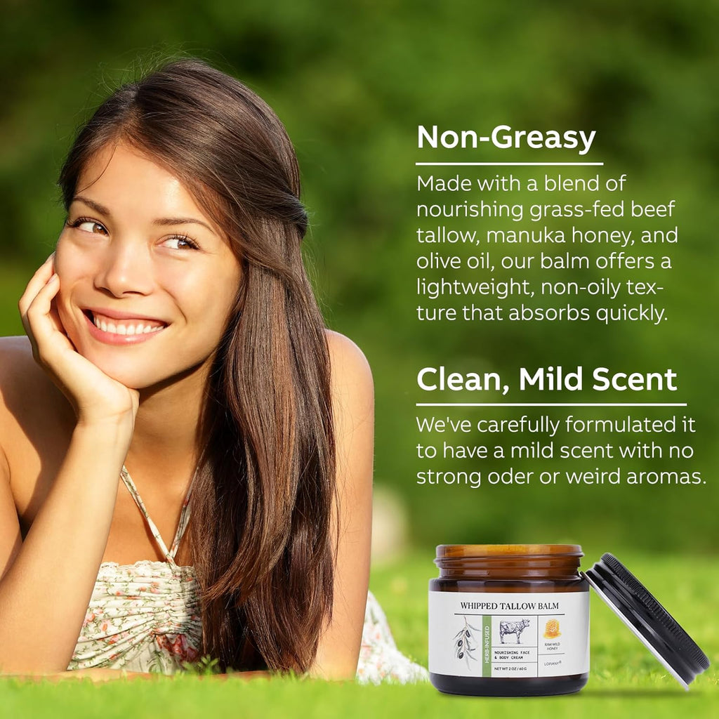 Nourishing Beef Tallow & Honey Balm - All-Natural Moisturizer for Face & Body - Hydrates & Revitalizes Skin - Grass Fed Whipped Balm with Raw Wild Honey (2Oz)