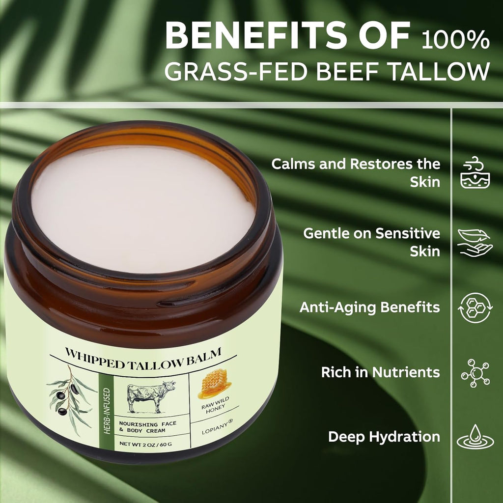 Nourishing Beef Tallow & Honey Balm - All-Natural Moisturizer for Face & Body - Hydrates & Revitalizes Skin - Grass Fed Whipped Balm with Raw Wild Honey (2Oz)